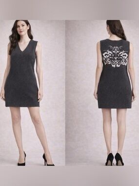 100% Cashmere Gray Mini Sweater Dress Crochet Embroidered Back Size M